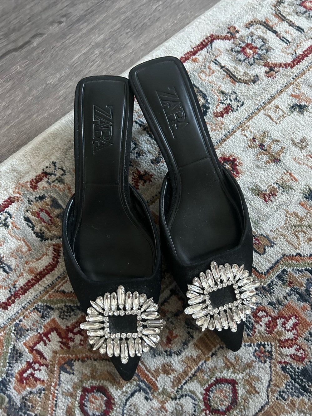 ZARA Black Pointed Crystal-Embellished Mules